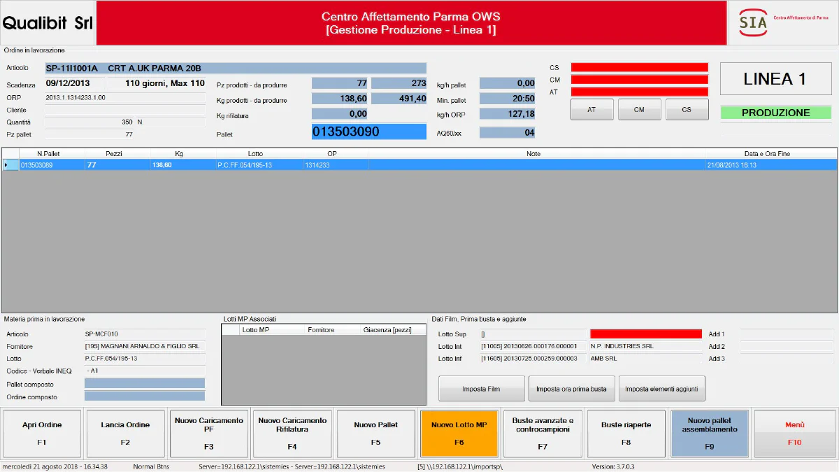 Esempio di interfaccia gestionale di produzione Production